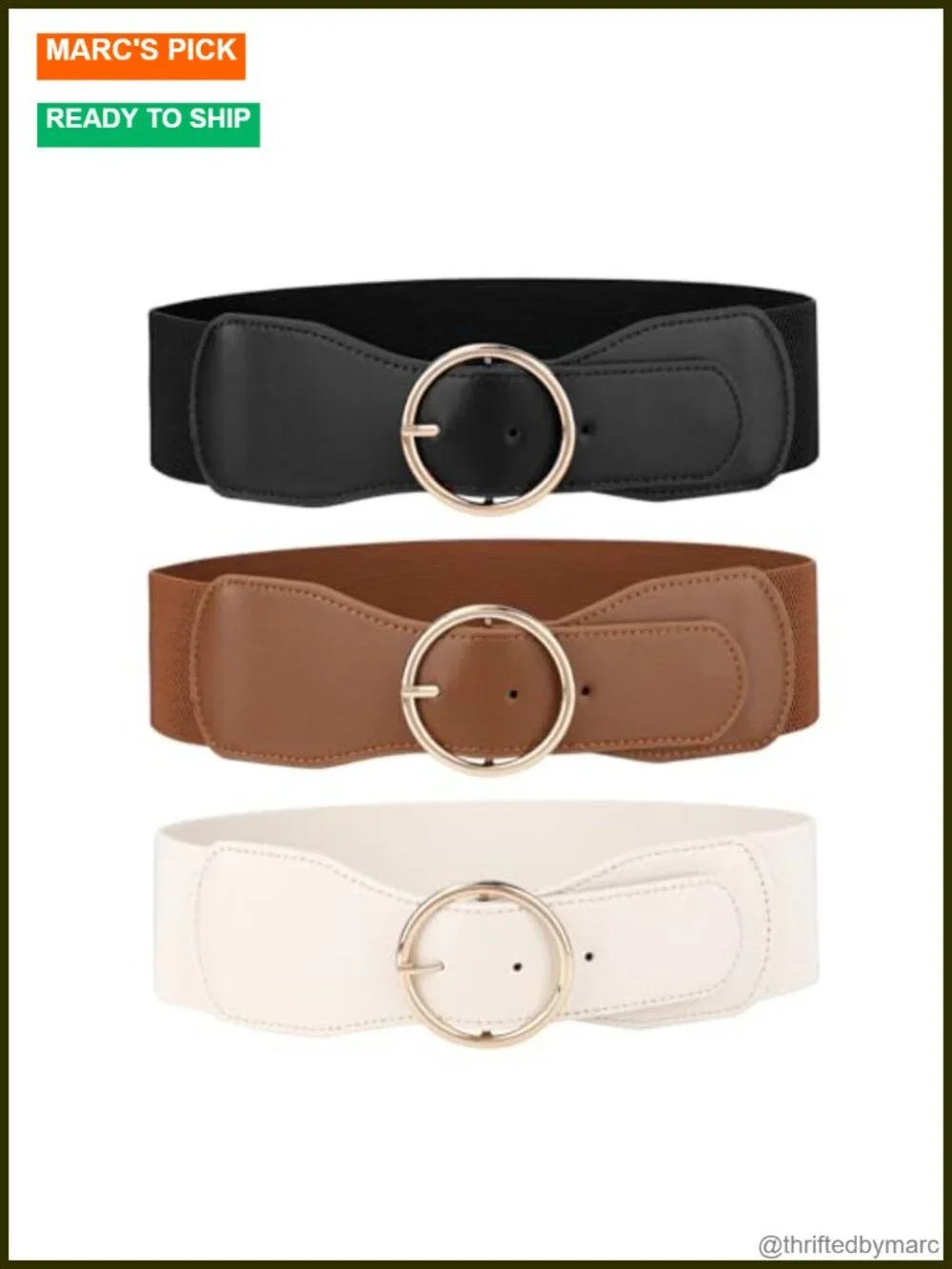Wide Elastic Waist Stretch Belt with Gold Round Buckle 3 Pack
